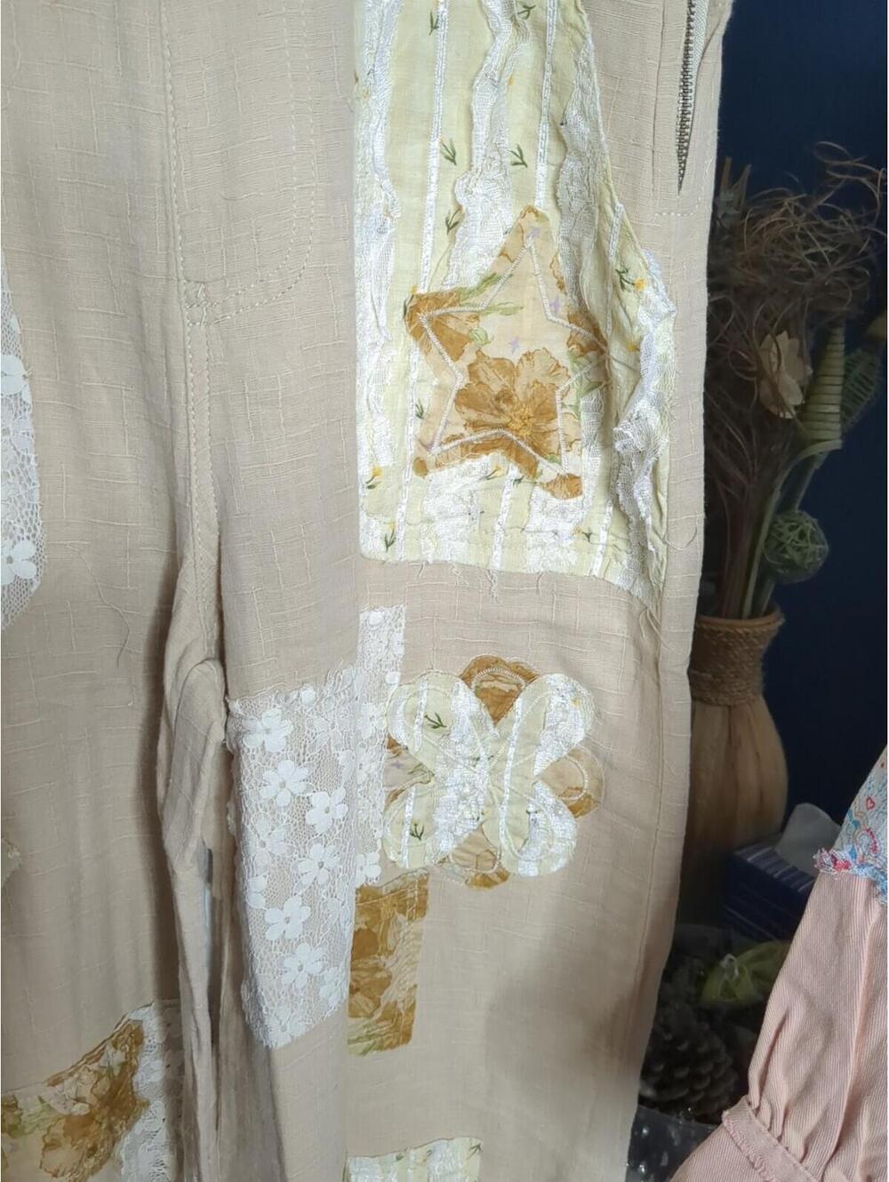 POL Boho Floral Patchwork Wide Leg Overalls Ruffle Bottom Jumpsuit Cream Large - Picture 5 of 8